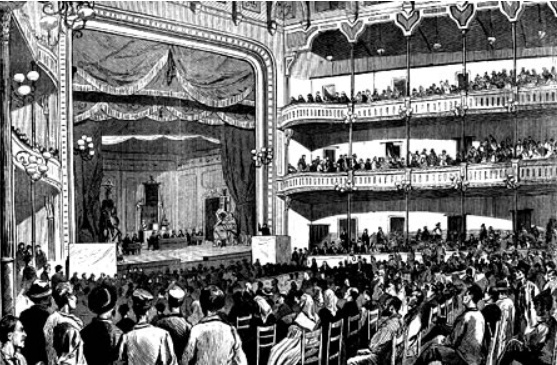 Interior del Teatro Circo Barcelonés durant la celebració del I Congrés Obrer Espanyol 1870). Lloc de celebració del II míting de la SAT. Font: Barcelofília.
